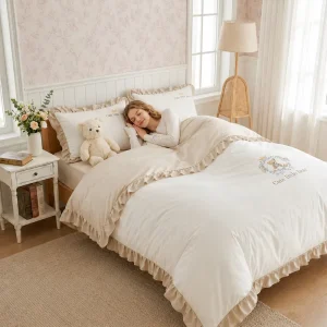 French Style Washed Cotton Bedding Set Ultra Soft Breathable Embroidered Ruffle Trim Bed Set for Home Hotel Decoration