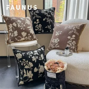 French Vintage Chenille Jacquard Throw Pillow Chinese Bamboo Print Embroidery Pillow Sofa Decoration Lumbar Cushion Cover
