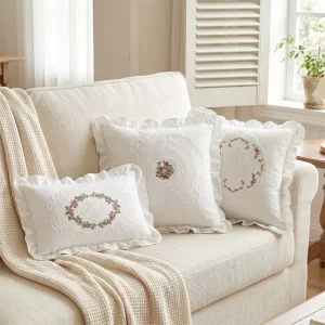 French style Vintage Lace Embroidered Washed Cotton Lumbar Pillow White Ruffled Decorative Throw Cushion Plants Flowers Pattern