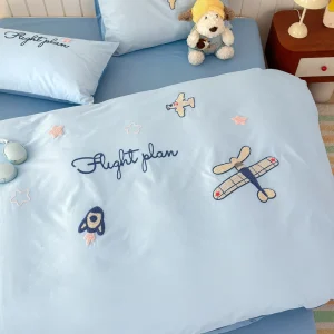Fresh Cartoon Embroidered 4 Piece Bedding Set Pure Cotton Soft Skin friendly Duvet Cover Set Home Bed Linen