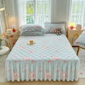 Fresh Style Polyester Padded Floral Printed Skin Friendly Thickened Lace Edge Three Piece Bed Skirt Set