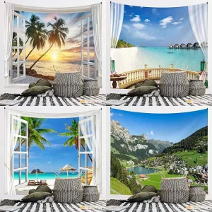 Fresh style Nordic Home Decor Fabric Geometric Faux Window Curtain Room Wall Hanging Seaside Bedroom Headboard Backdrop