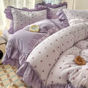 Fresh style Puff Tulle Four Piece Bed Set French Lace Design Soft Quilted Quilt Cover Bedspread Cartoon Anime Plant Flowers