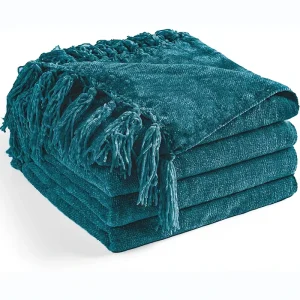 Fringe Tassel Design Solid Color Knitted Chenille Throw Blanket for Home