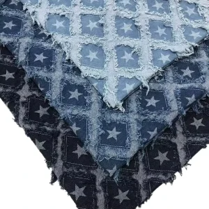 Fringed Cut-Out Denim Fabric With Star Pattern Durable Cotton-Polyester Blend For Jeans And Jackets