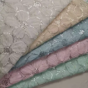From China Factory Embroidered Lace Ribbon Fabric with Sequins Flowers for Swiss Mesh for Decorative Accessories