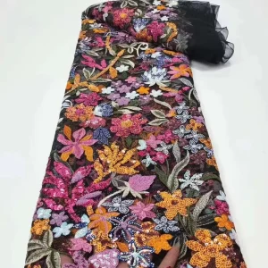 Full Color Bead Embroidery Fabric Plant Fashion Fashion Show Clothing Three-dimensional Sequin Lace Fabric
