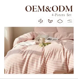 Full Comforter Set Pink White Striped Print Modern Style 2 Pillowcases Lightweight 4 Piece Bohemian Fluffy Flat Bed Sheet