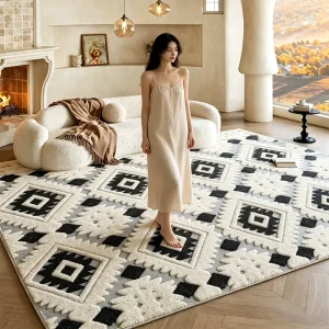 Full Coverage Soft Faux Cashmere Floor Mat Durable Simple Jacquard Design for Living Room Sofa Bedroom Study Area Decor