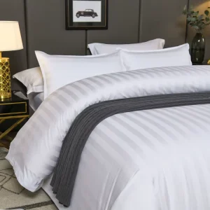 Full Queen King Size White 100% Cotton Bedsheets 300 Thread Count Stripe Hotel Bedding Set