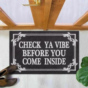 Fun Decorative Doormat Lettering CHECK YA VIBE YOU COME INSIDE Rubber Backed Non Slip Welcome Mat Outdoor Entrance Rug