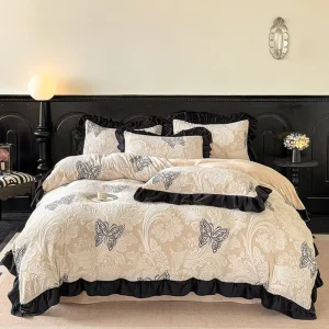 Funda De Edredon Vintage Hepburn Style Heavyweight Embossed Milk Velvet Thick Warm 4pcs Bedding Set Quilt Lace Trim Duvet Cover