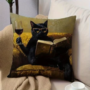 Funny Black Cat Drinking Wine Throw Pillow Covers Decorative Cushion Cases for Sofa Couch Living Room