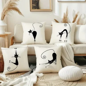 Funny Black Cat Pattern Throw Pillow Covers Decorative Cushion Cases Set for Sofa Couch Chair