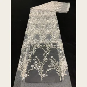G2748 Sheer Embroidered Heavy Silver Plum Blossom Branches Beaded Sequined Tulle Lace Fabric for Wedding Dresses Cheongsam