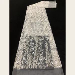 G2749 Sheer Heavy Silver Vines Floral Embroidered Beaded & Sequined Tulle Lace Fabric for Girls Wedding Dresses Evening Gowns