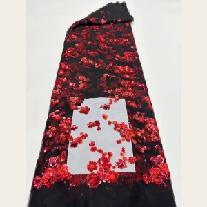 G3684 Red Rose Petal Sequin Embroidered Black Tulle Lace Fabric Flat Embroidery for Evening Dresses