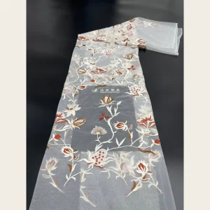 G4156 Retro Caramel Chinese Vine Floral Embroidery Crinkled Tulle Fabric for Cheongsam Hanfu Toast Wedding Dress