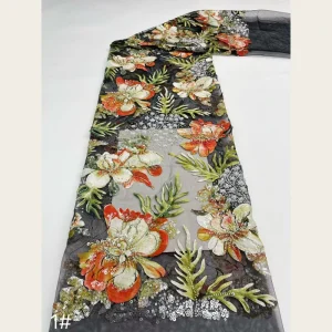G4161 3 Colors Oil Painting Tropical Flower 3D Applique Sequin Bead Heavy Embroidery Tulle Fabric for Evening Wedding Cheongsam