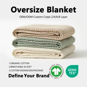 GOTS Organic Cotton Gauze Swaddle Muslin Quilt King Size Bedding Baby Blanket Oversized Crepe Custom Home Family Throw Blanket