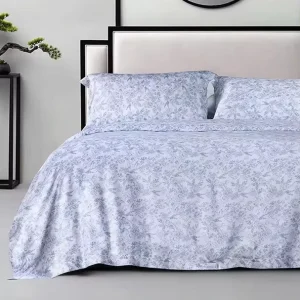 GOTS Organic Printed Crisp Hotel Cotton Percale Blue Flower 300TC Bedding Flat Top Sheet Fitted Sheet With Pillow Case