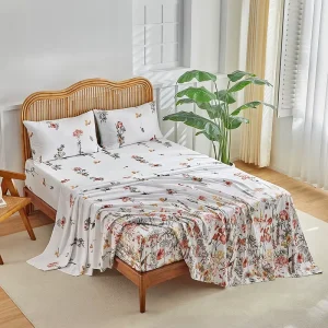 Garden Flowers Print Fitted Sheet Soft Breathable Flat Sheet Cooling Lightweight Pillowcase Deep Pocket Bed Sheet Set for Home