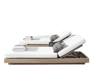Garden Poolside Teak Chaise Set Patio Teak Sun Lounger with Upholstered Cushion and Pillow