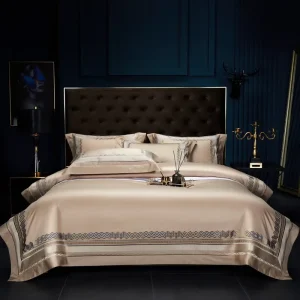 Geometric Embroidery Beige 100% Egyptian Cotton 500TC American Style All-Season 4-Piece Duvet Cover Bedding Set