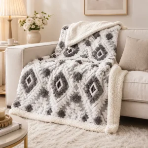 Geometric Sherpa Throw Blanket Soft Plush Polyester Bedding Blanket for Sofa Bed Home Decor and All Season Use