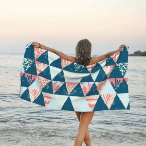 Geometric Triangle Tropical Leaf Pattern Polyester Beach Towel Soft Absorbent Quick Dry Customized Size Summer Seaside Vacation