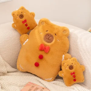 Gingerbread Capybara Shaped Plush Cushion Soft Fluffy Throw Pillow With Red Bow Decor for Xmas Sofa Bedroom