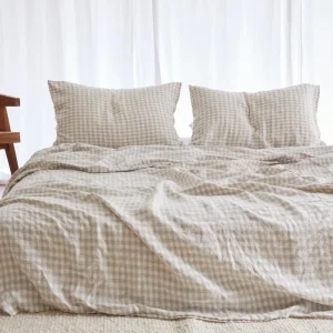 Gingham Oeko-tex Standard Stonewashed Linen Bedding Set 100% Linen Sheet Set with 1 Flat Sheet 1 Fitted Sheet 2 Pillowcases