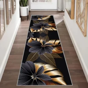 Glam Black Gold Floral Runner Rug Soft Flannel Non Slip Long Floor Mat for Hallway Kitchen Luxury Decor Carpet