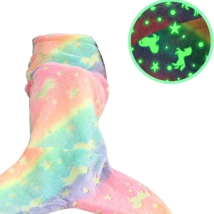 Glowing Night Mermaid Tail Blanket Rainbow Gradient Unicorn Stars Plush Fleece Warm Soft Cozy Kids Bedroom Sleep Nap Home Throw