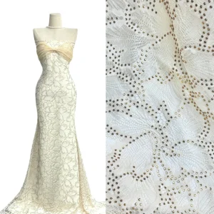 Gold Beaded Embroidered Lace Fabric Allover Floral Leaf Vine Tulle Lace for Wedding Bridal Evening Dress