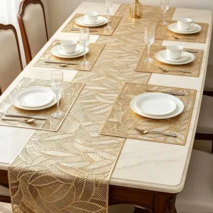 Gold Leaf Cutout PVC Table Runner & Placemat Coaster Set Non Slip Decorative Dining Mat Home Party Hotel Wedding