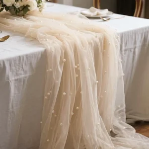 Gold Pearl Mesh Nordic Scenic Pattern Table Runner for Birthday Party Wedding Curtain Ambiance Decor