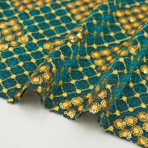 Gold Sequin Floral & Lattice Embroidery Fabric for Middle Eastern Occasion Wear