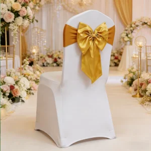 Gold Spandex Chair Band with Pre-tied Satin Chair Bow Sash for Wedding