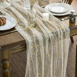 Gold Table Runner Gauze Tulle Sheer Glitter Metallic Foil Chiffon Cheesecloth Sequin Wedding Birthday Party Dining Table Decor