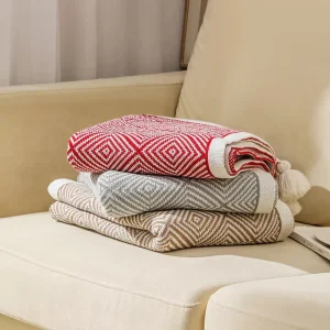 Good Price Super Soft Lightweight Bed Sofa Custom Dual Use Shawl Creative Geometric Pattern Knitted Blankets With Ball Tassel