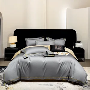 Grade a 100% Long Staple Cotton 4 Piece Bedding Set Solid Color Piping Edge Duvet Cover Fitted Sheet Luxury Hotel