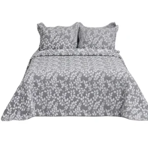 Gray Leaf Vine Print Bohemian Quilt Set 3 Piece Washable Reversible Microfiber Bedspread Pillow Shams All Season Home Bedding