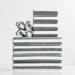 Gray & White Striped Coral Fleece Towel Set Fluffy Super Absorbent Quick Dry Bath Hand Towels for Hotel Bathroom