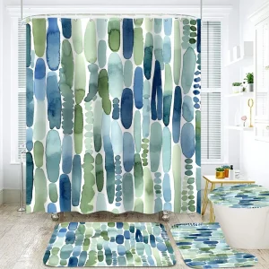 Green 4 Piece Classic Modern 3D Digital Printing Oval Pattern Waterproof Polyester Bathroom Shower Curtain Set 12 Hooks Bath Mat