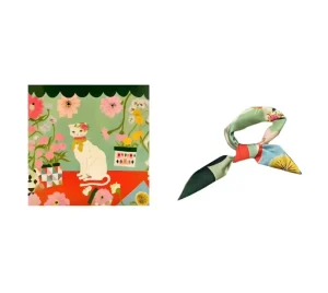 Green Base Cat Floral Print Polyester Bandana Wrist Scarf Neckerchief Flower Shop Window Decor Cat Themed Birthday Accessory