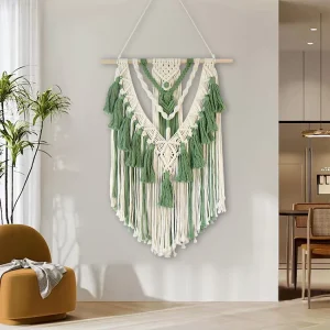 Green Boho Wall Pediment Tassel Ornament 55x75cm Handmade Macrame Tapestry for Living Room