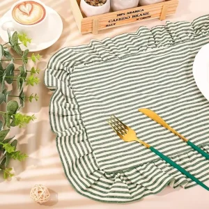 Green Cotton Placemats with Ruffle Stripe Kitchen Place Mats for Birthday Party Home Dining Table Decor
