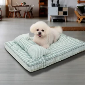 Green Gingham Striped Pet Mattress With Attached Pillow Breathable Light Fabric Washable Flat Sleeping Cushion for Cats Dogs
