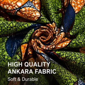 Green Orange African Wax Print Twill Polyester Fabric with Memory Traditional Ankara Design for Sewing & Craft Projects